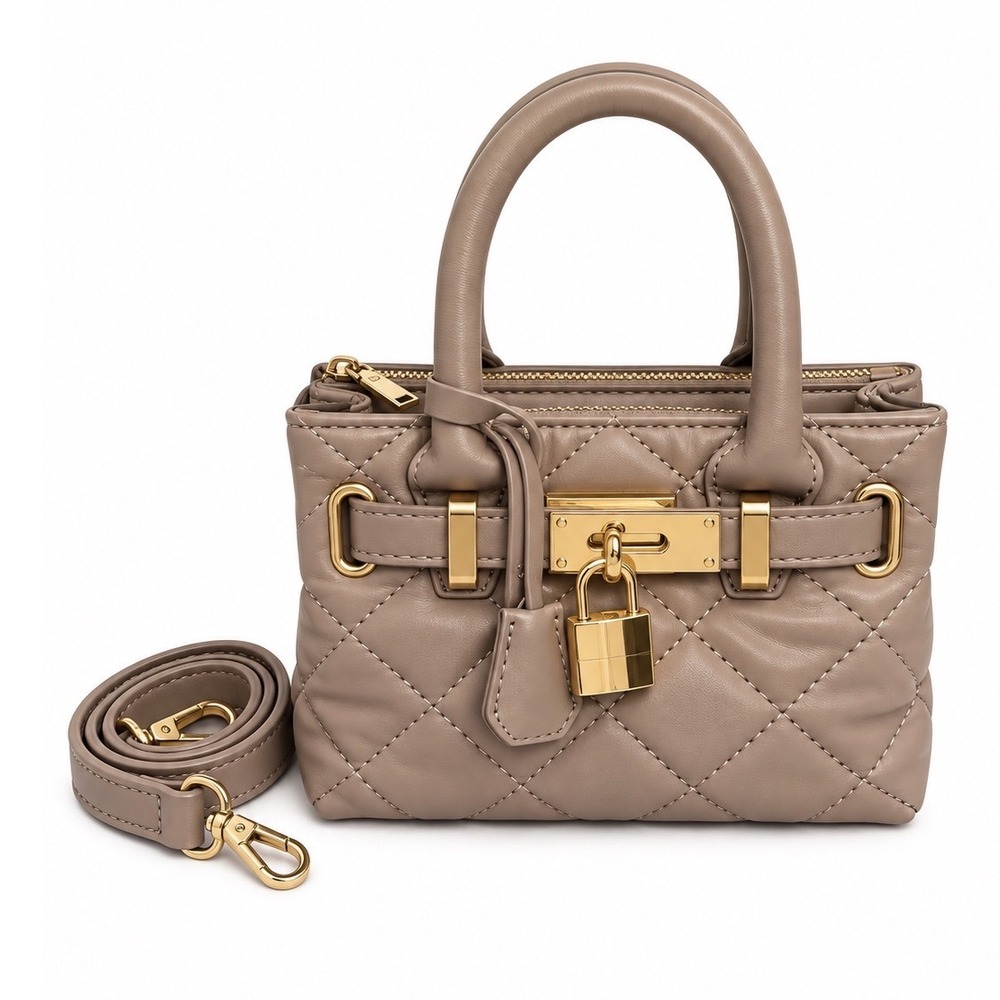 Badgley Mischka Mini Diamond Quilted Tote Taupe Crossbody Bag NWT